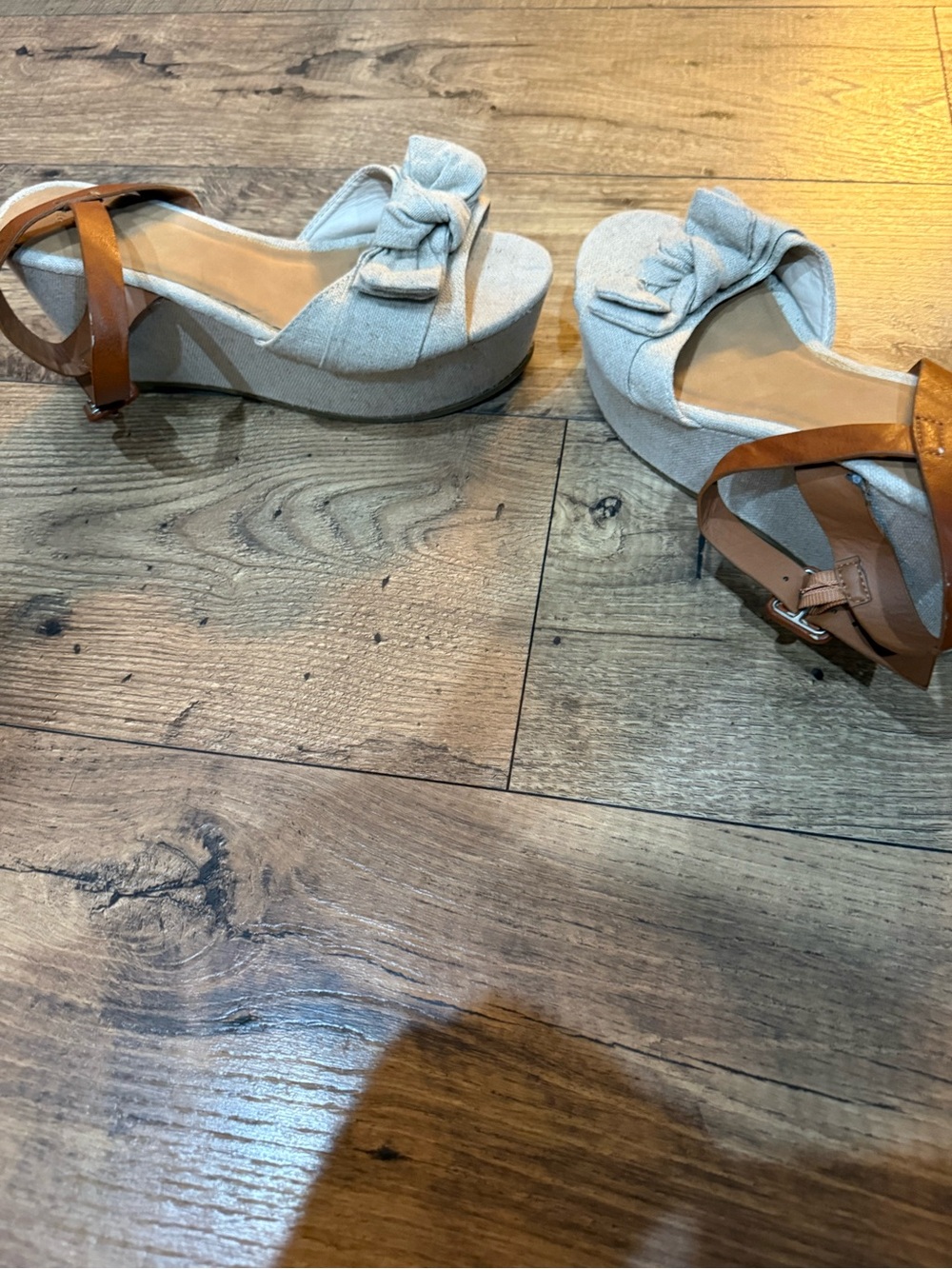 BAMBOO Light Beige Bow Espadrille Wedge Sandals with Brown Ankle Strap - Picture 2 of 5